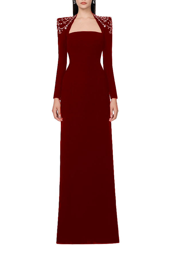 106 LONG SLEEVE TRAPEZOID NECKLINE BODYCON MAXI RED DRESS