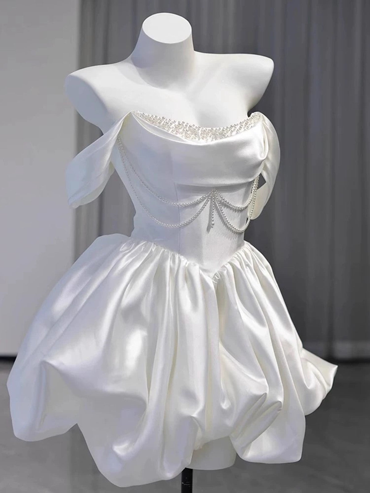 WHITE SATIN BEADED OFF-SHOULDER MINI DRESS