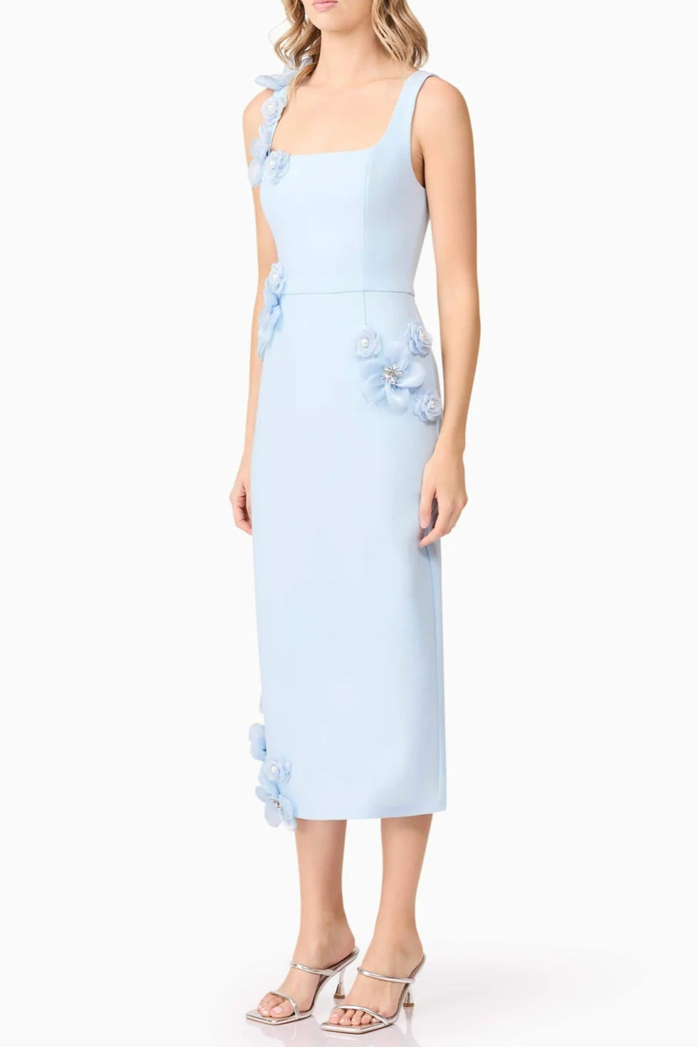 SABRINA 3D FLOWER MIDI DRESS BLUE WEDDING GUEST
