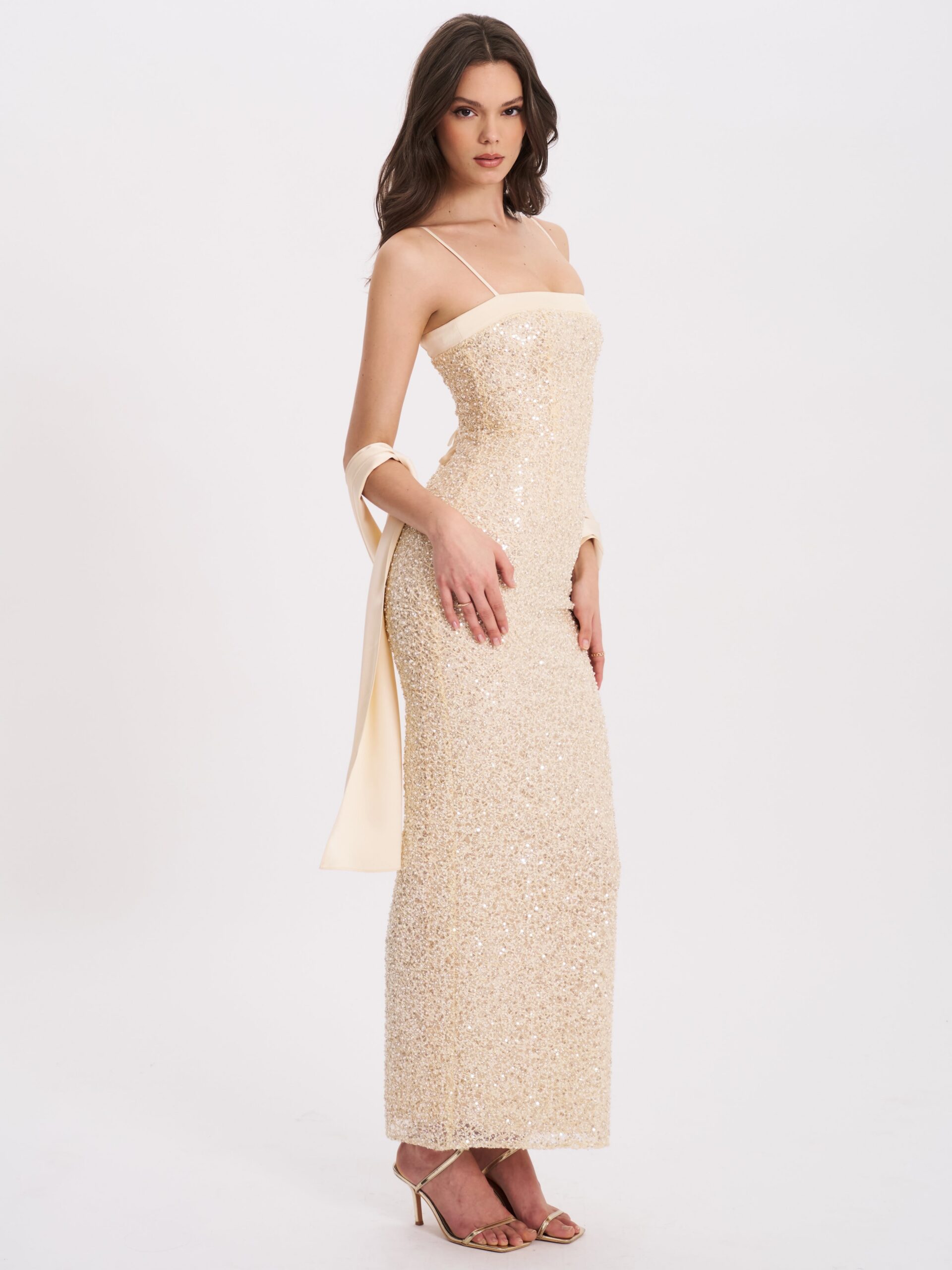 GOLD BEADED SEQUIN BODYCON GOWN WITH SCARF