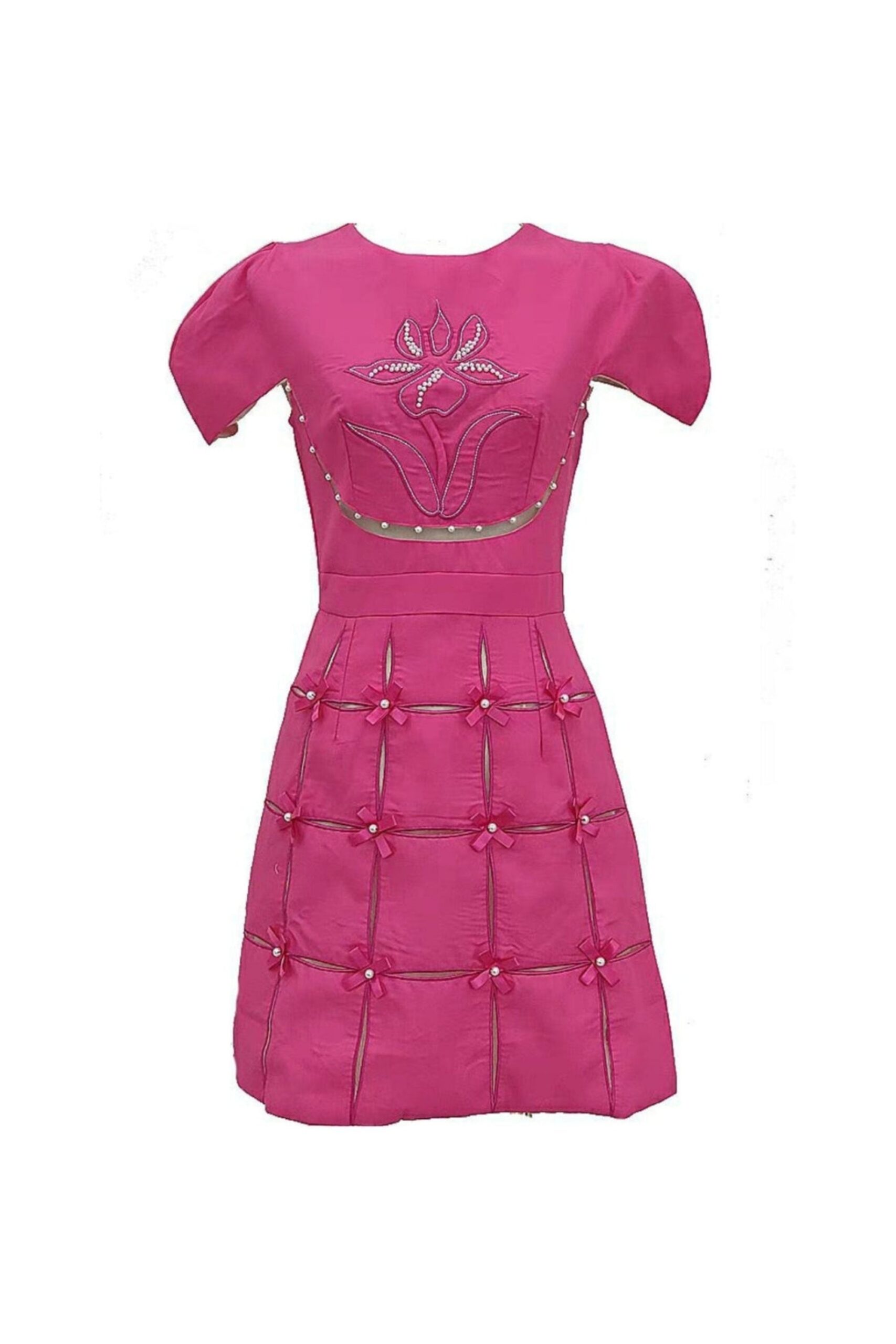 3D FLOWER O-NECK MINI DRESS PINK PARTY
