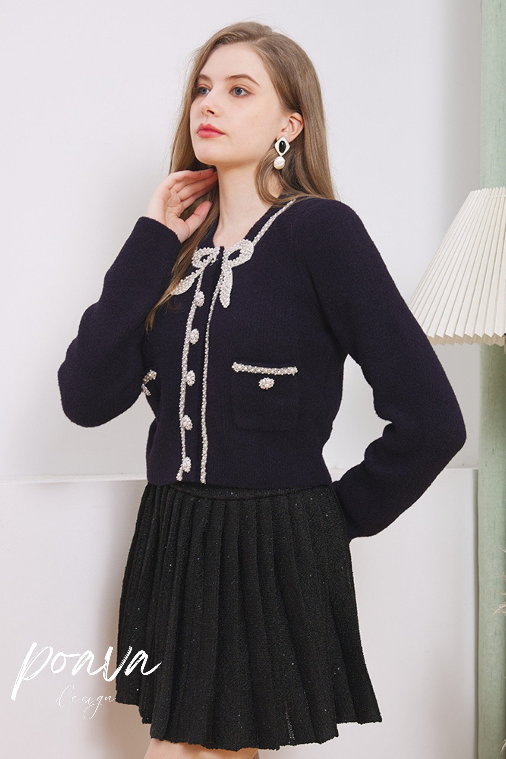 PEARL EMBELLISHED NAVY COAT, ELEGANT EVENING