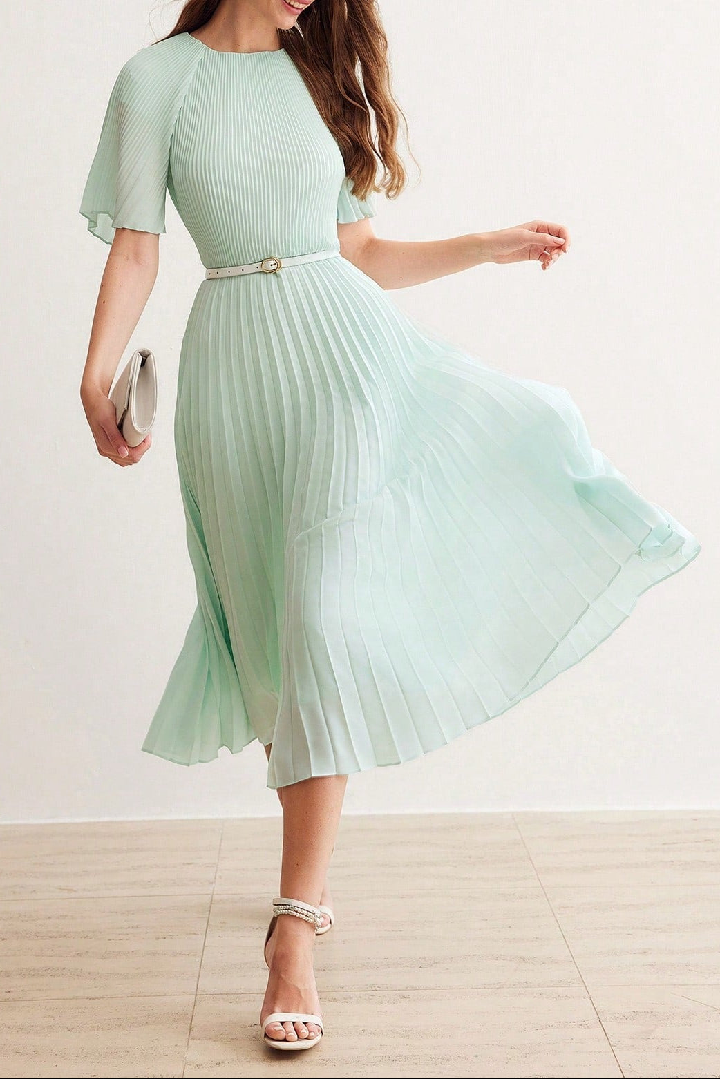 10_2f410527-187b-4c70-9f30-fa2d685b65fd MINT GREEN PLEATED MIDI DRESS WITH BELT
