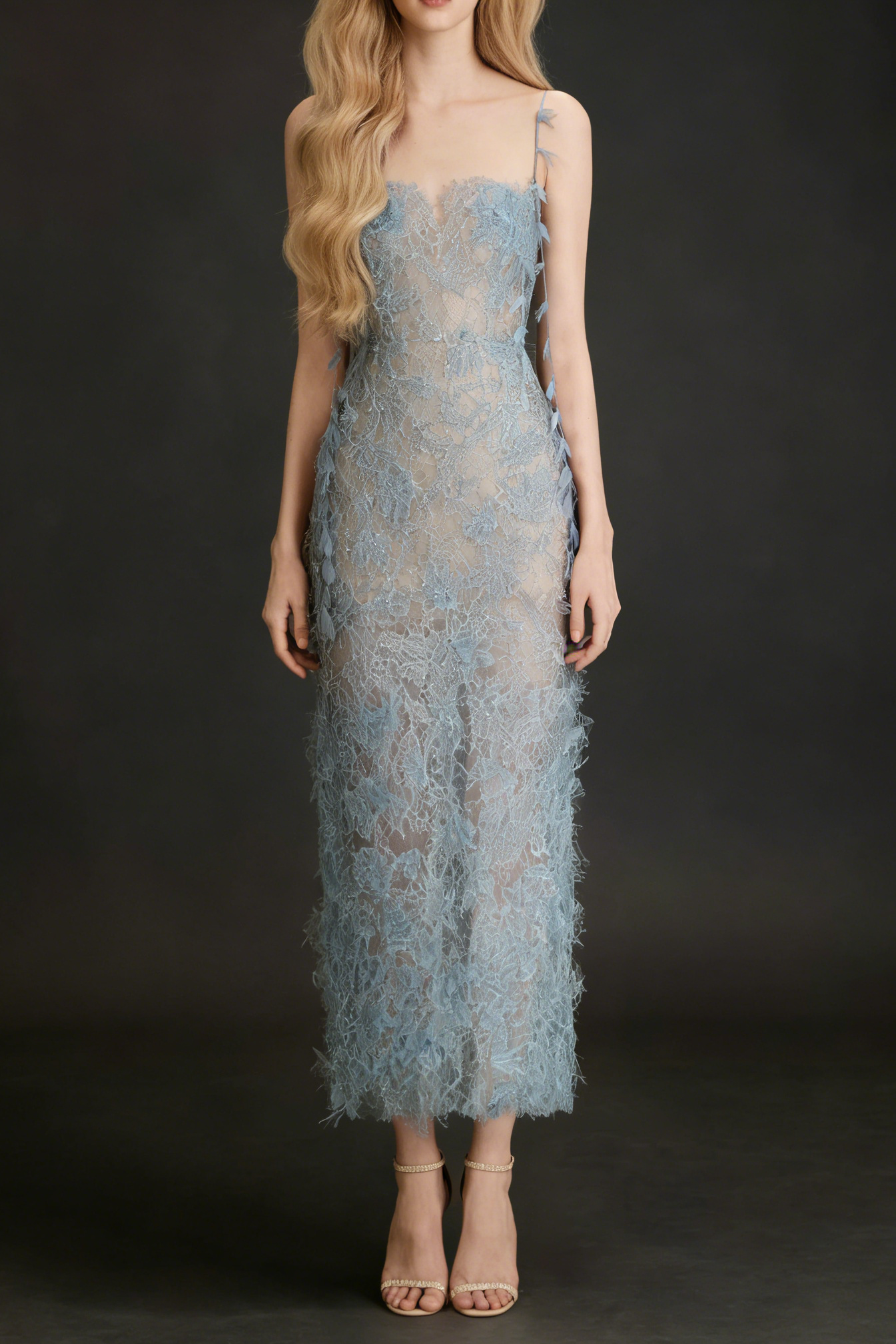 BLUE BEADED LACE PENCIL COCKTAIL DRESS
