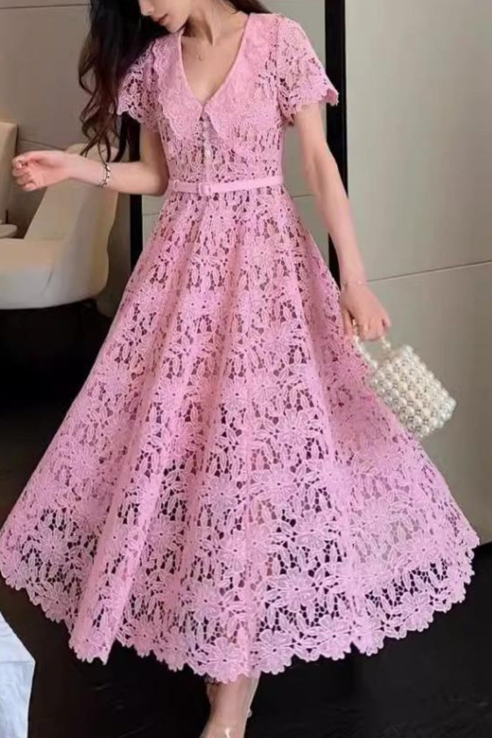 LACE FLORAL MIDI DRESS PINK WEDDING GUEST