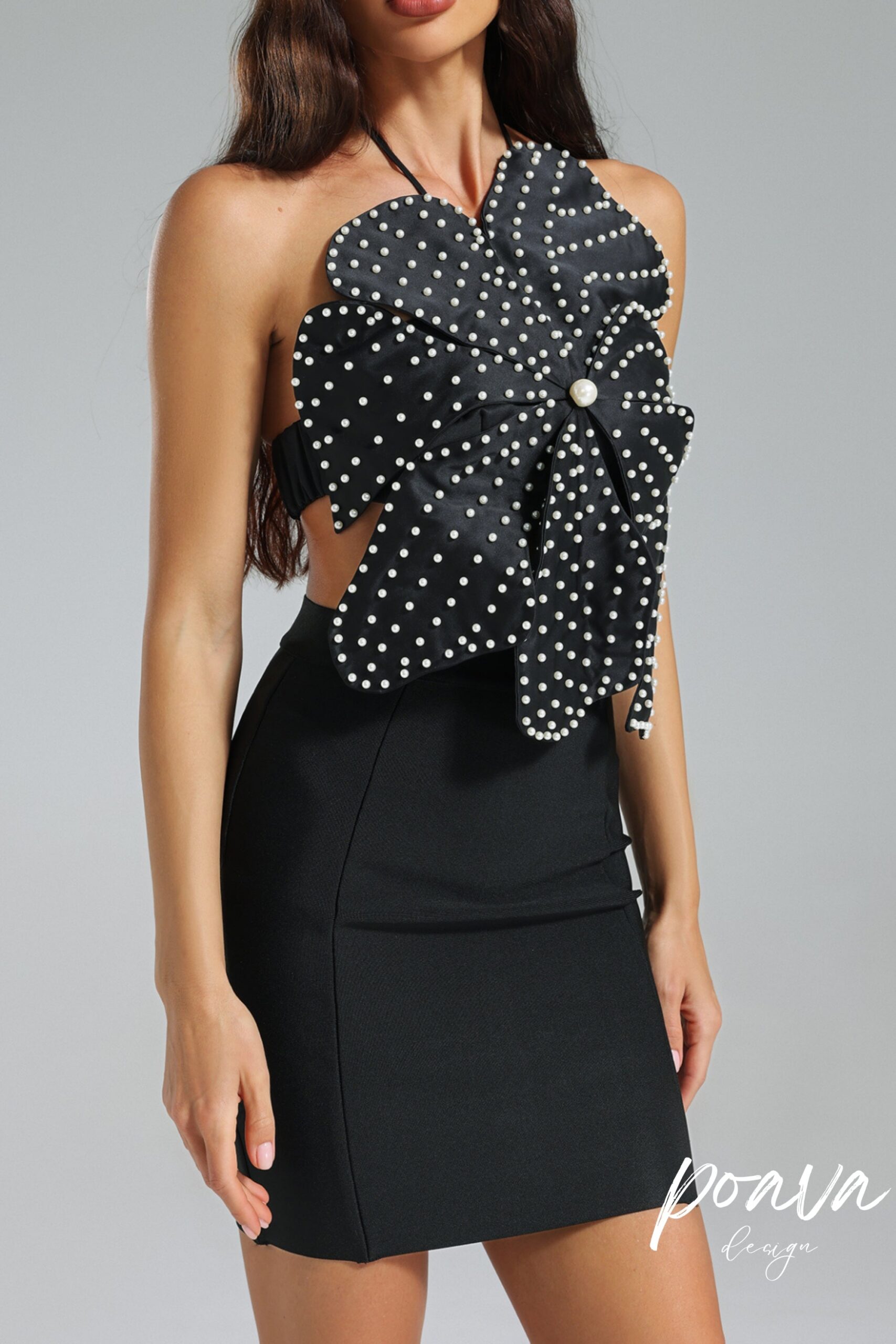 SLEEVELESS 3D FLORAL PEARL TOP - BLACK EVENING PARTY
