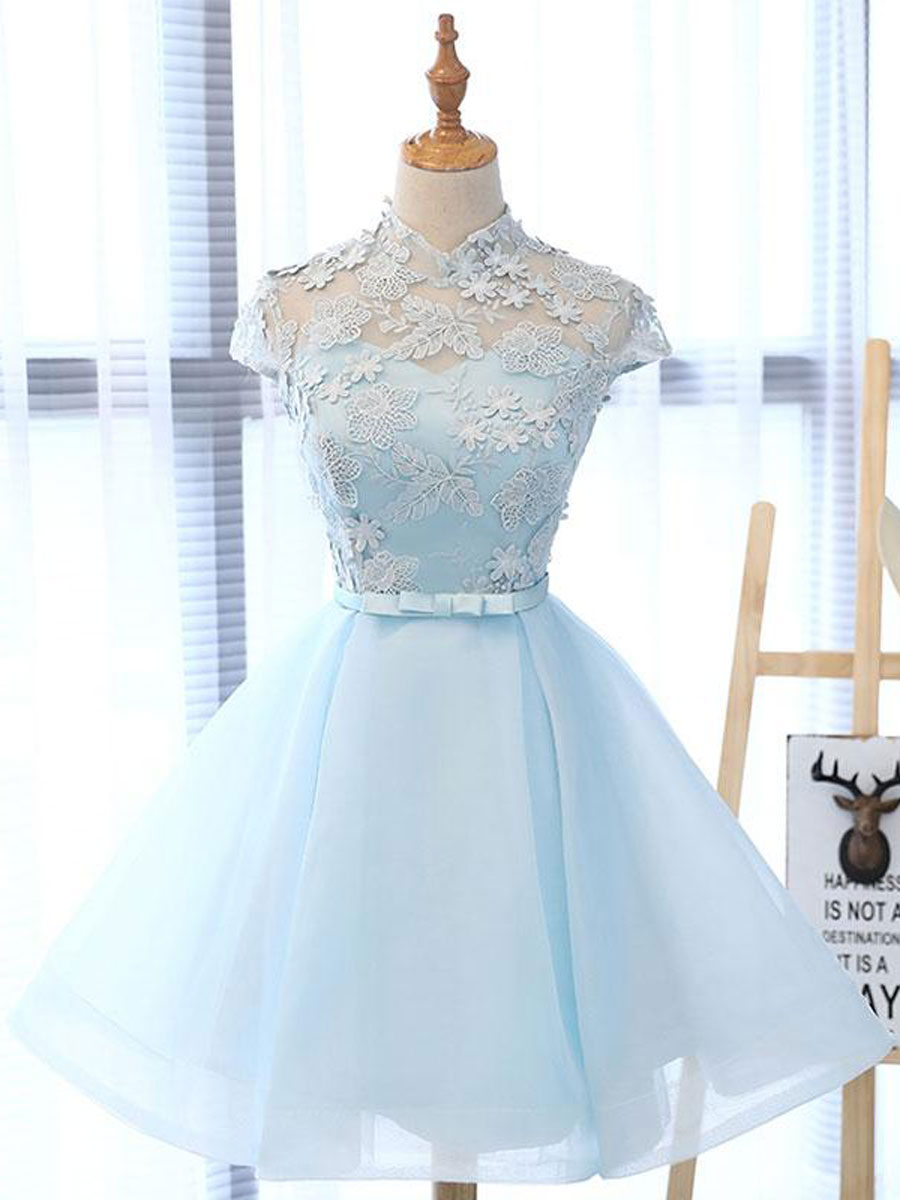 BLUE HIGH NECK TULLE LACE MINI PARTY DRESS