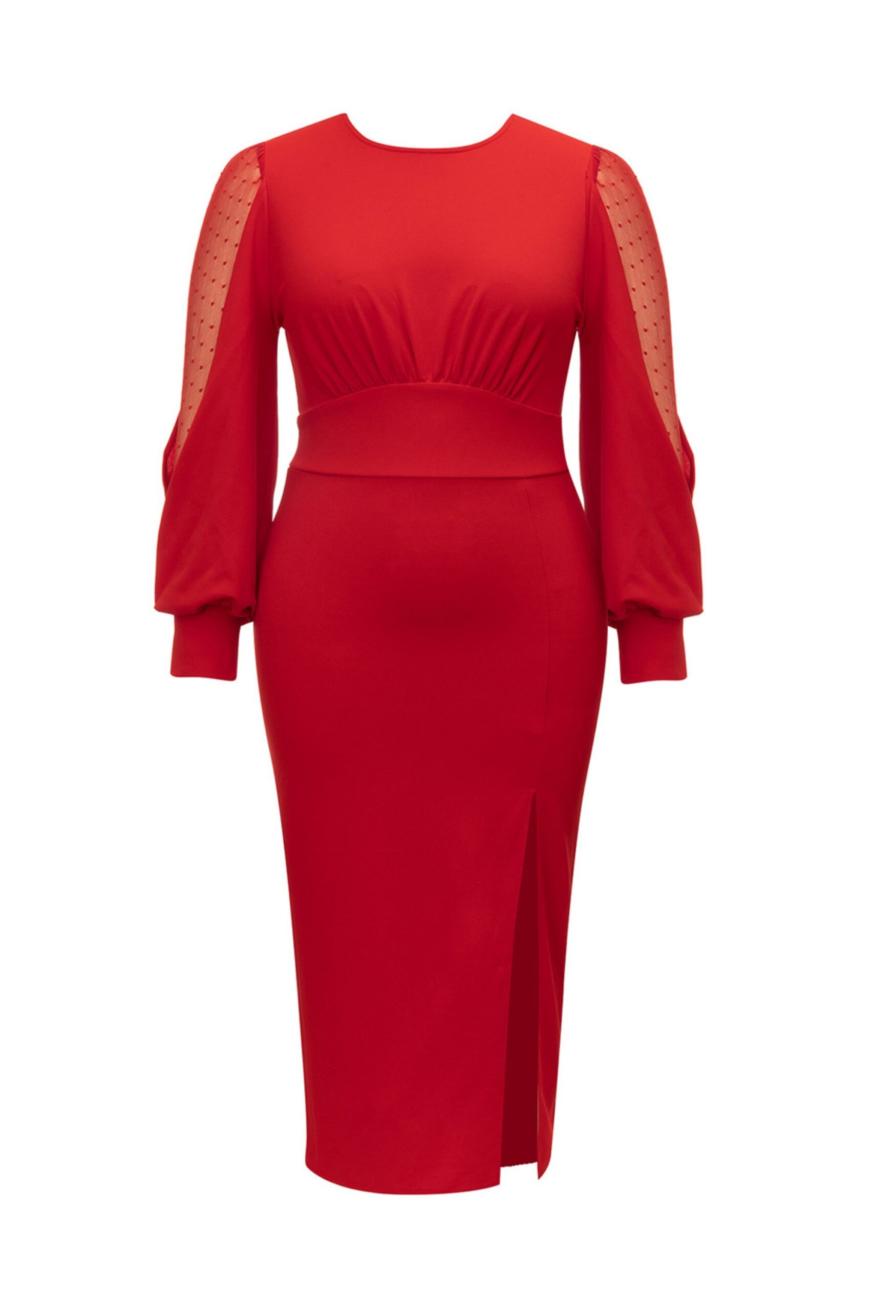 RED LONG SLEEVE HIGH SPLIT MIDI DRESS