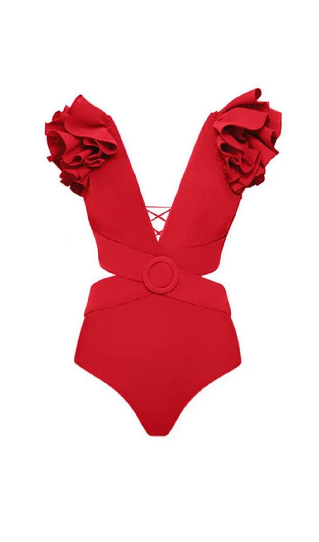 DEEP V RED CUTOUT ONE PIECE SWIMSUIT SKIRT SET