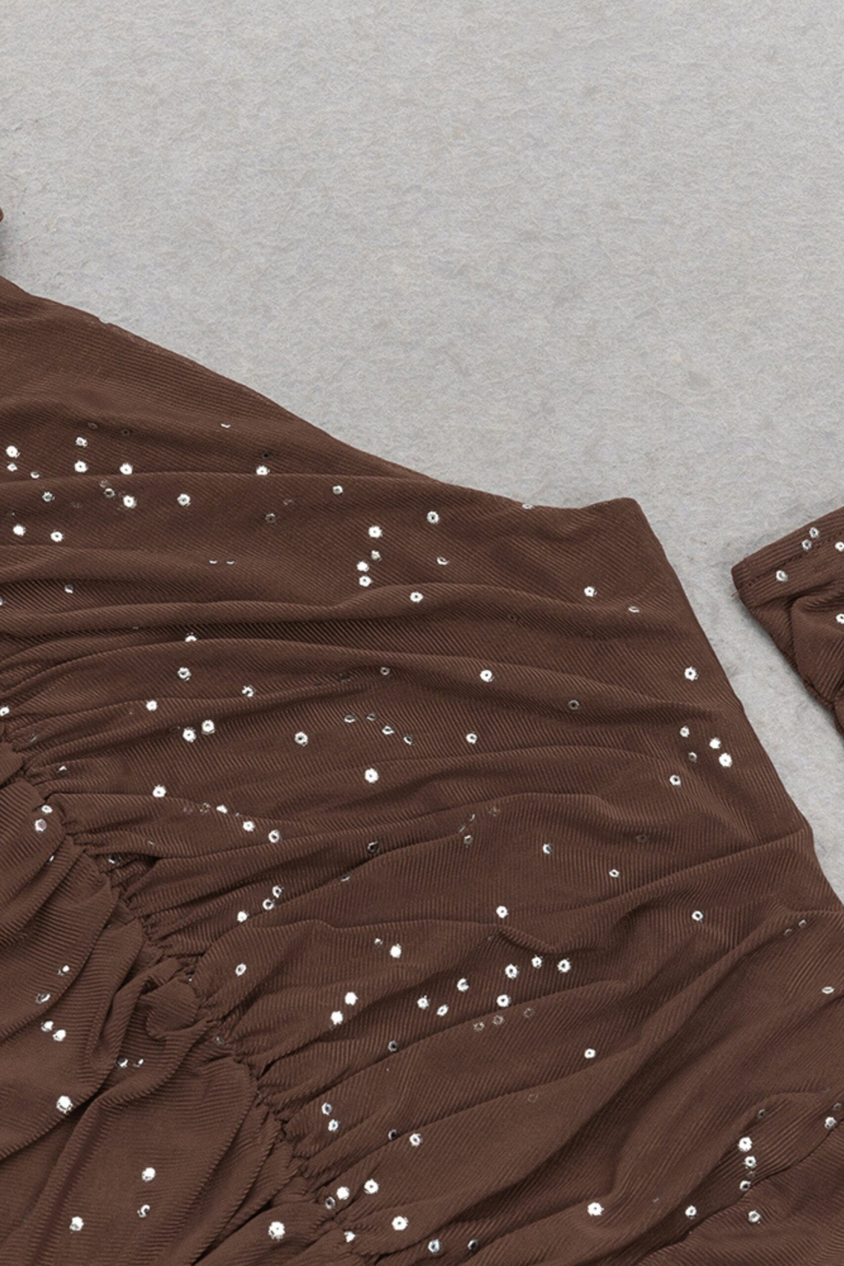 SEQUIN RUCHED MIDI DRESS BROWN PARTY