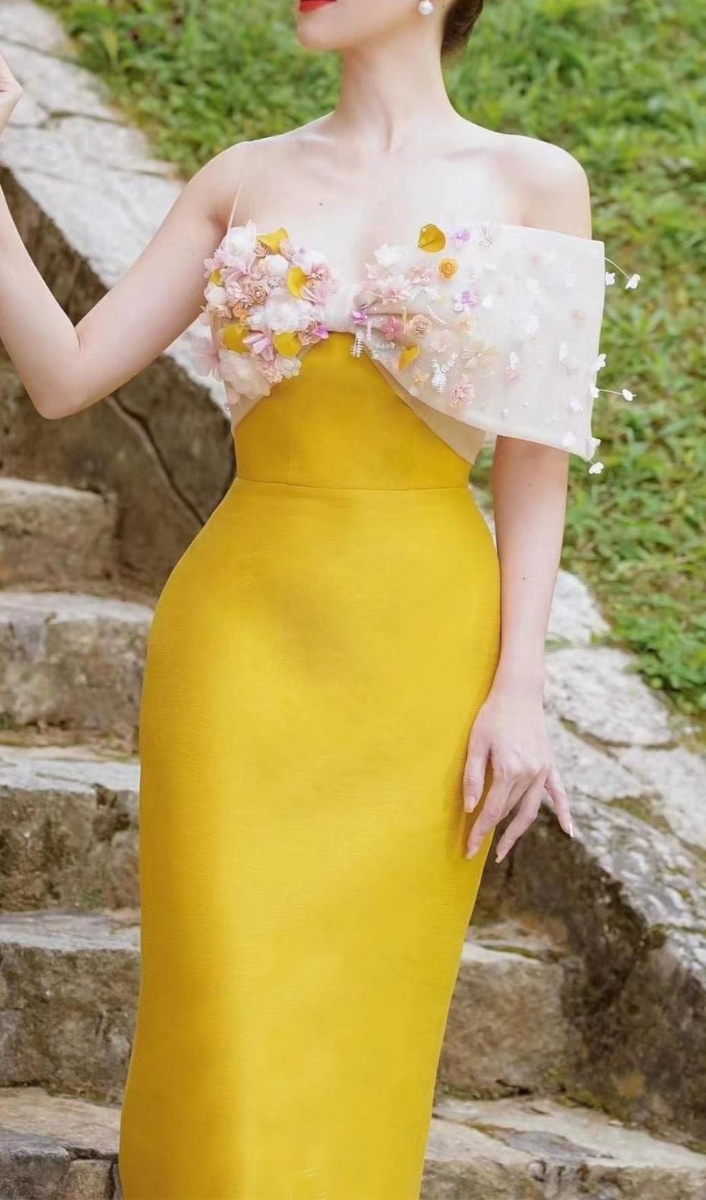 YELLOW FLOWER MIDI DRESS FOR WEDDING GUEST