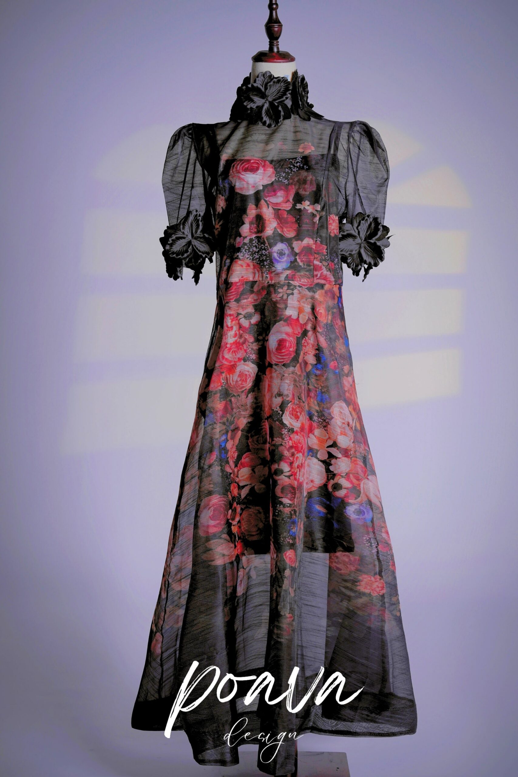 BLACK MESH FLOWER MAXI DRESS FOR WEDDING