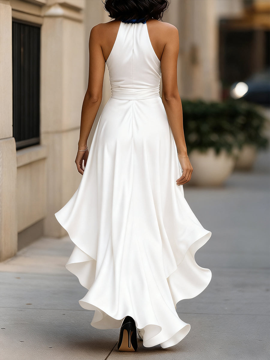 MIDNIGHT SATIN HALTER RUFFLE GOWN