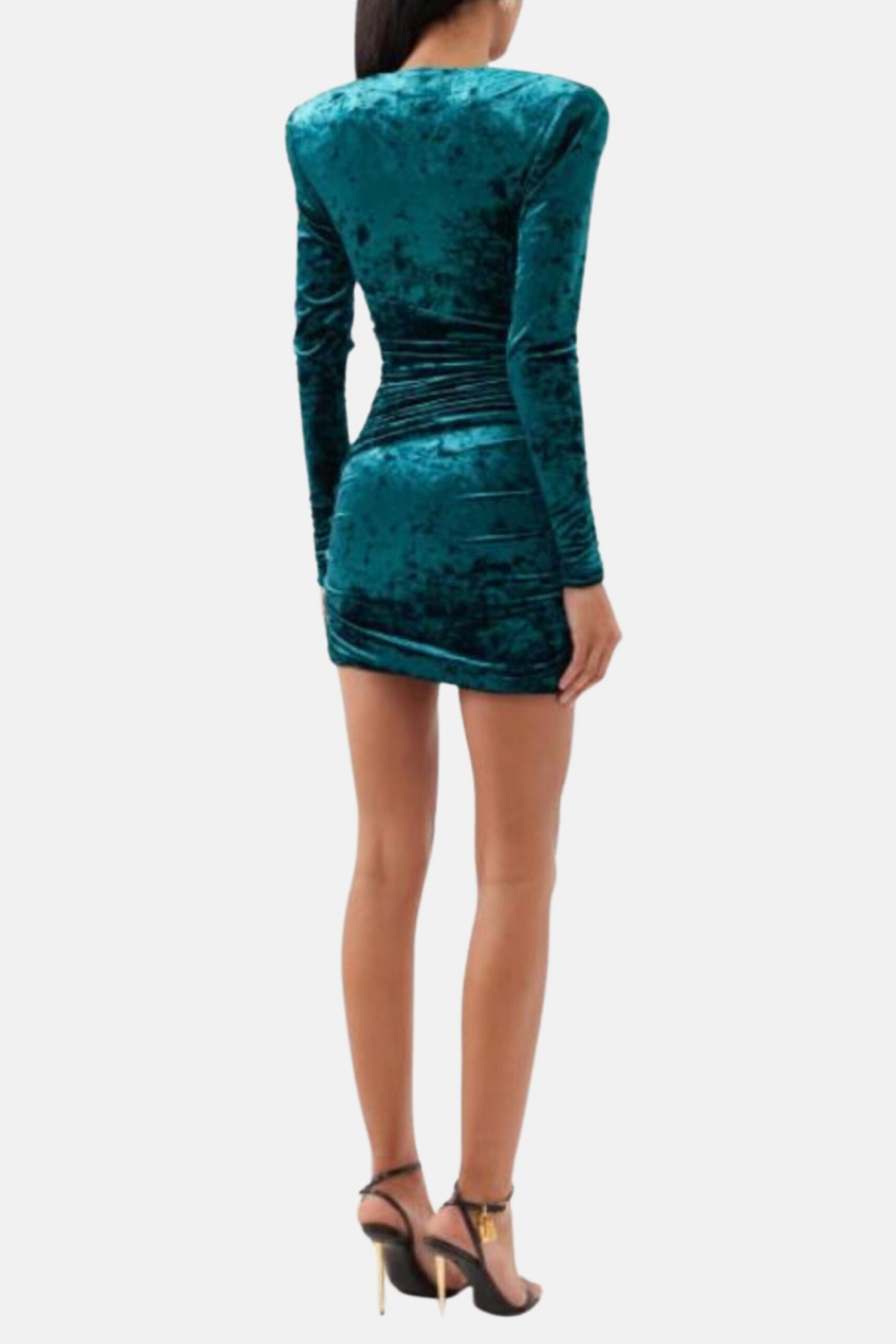 GREEN VELVET RUCHED V-NECK MINI DRESS