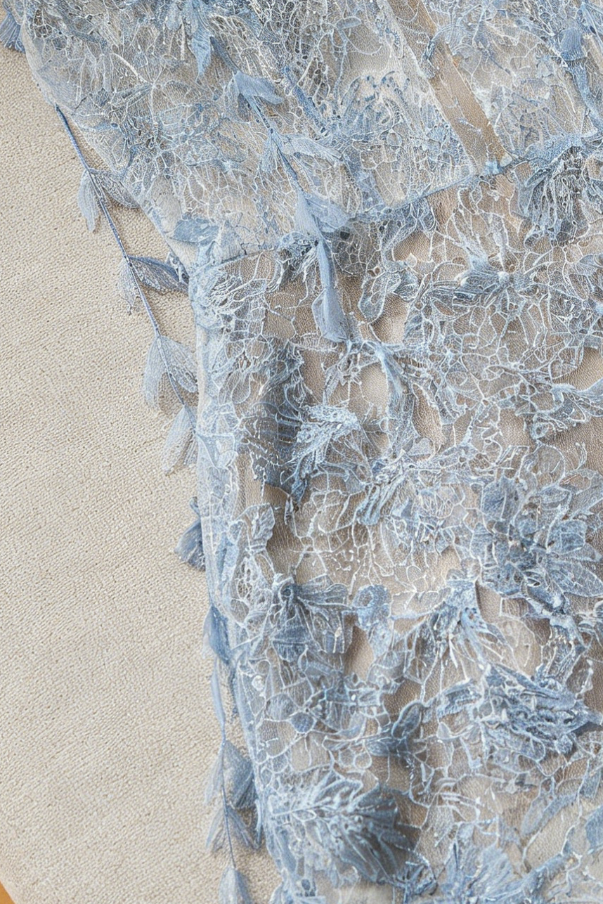 BLUE BEADED LACE PENCIL COCKTAIL DRESS