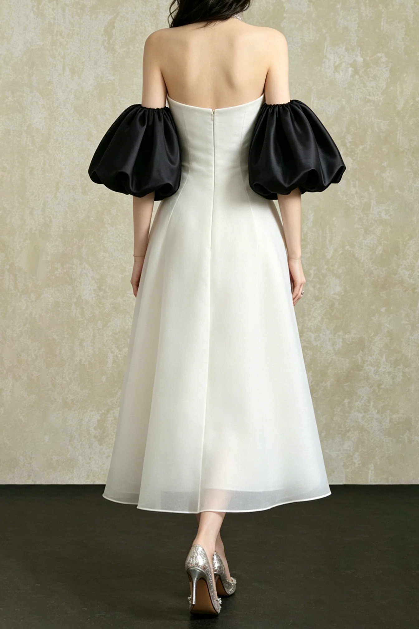 STRAPLESS PUFF SLEEVE ORGANZA MIDI DRESS, WHITE