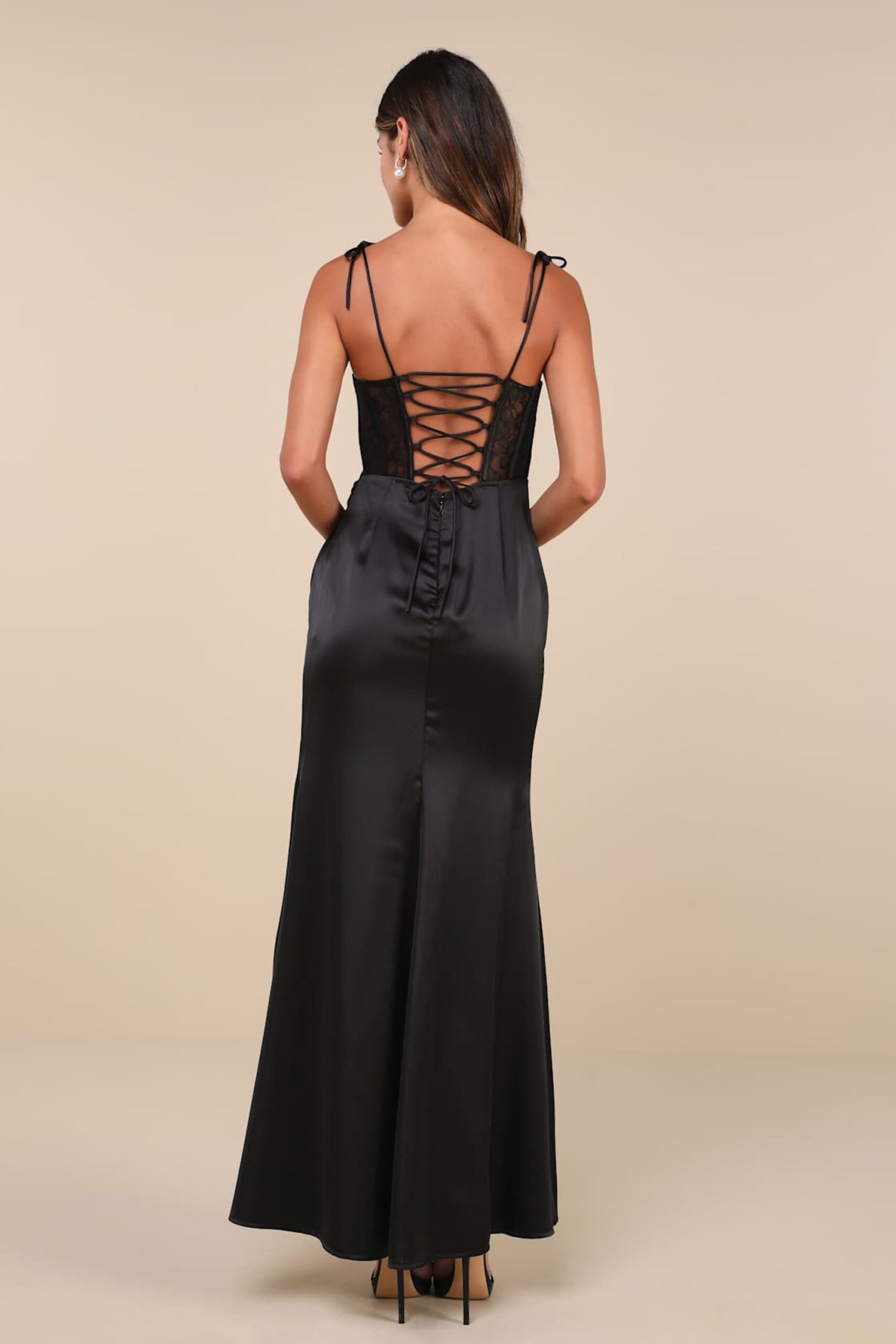 AURA BLACK SATIN LACE BUSTIER MAXI DRESS