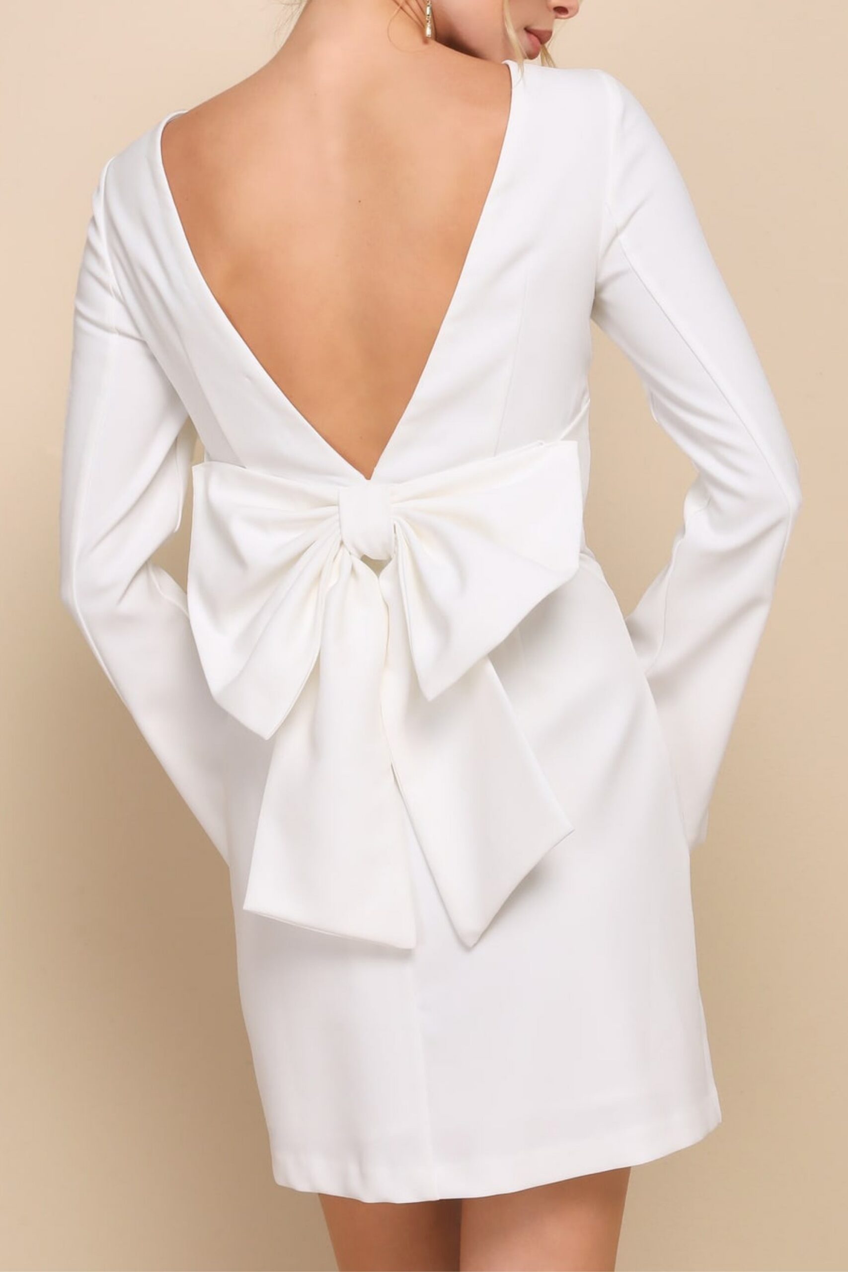 IVORY BOW BACKLESS LONG SLEEVE MINI DRESS