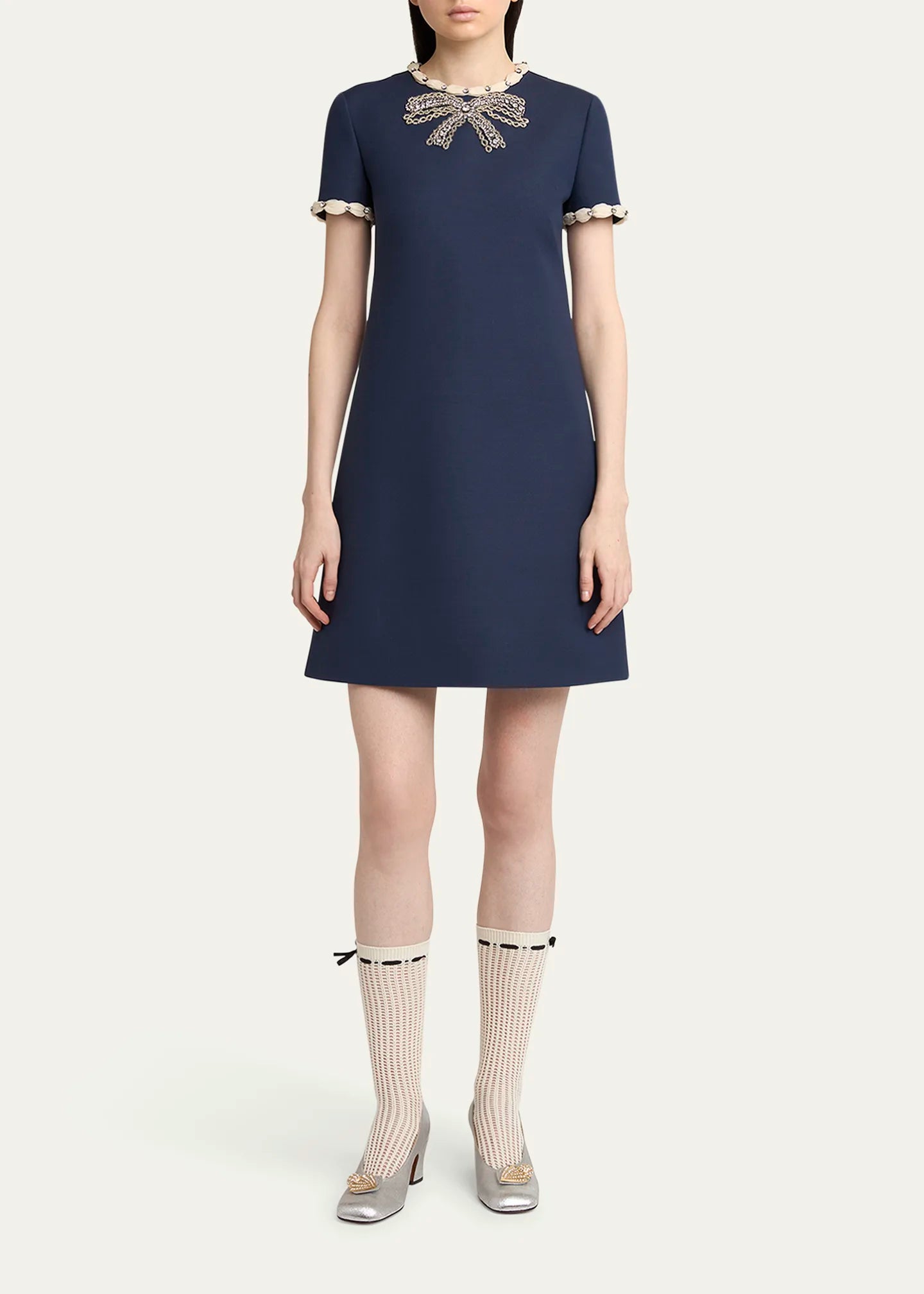 NAVY RHINESTONE EMBROIDERED CREPE MINI DRESS