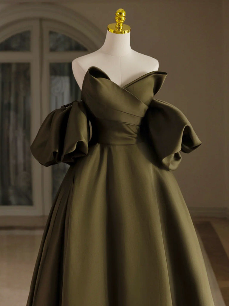 A-LINE PUFF SLEEVE SATIN PROM DRESS, OLIVE GREEN