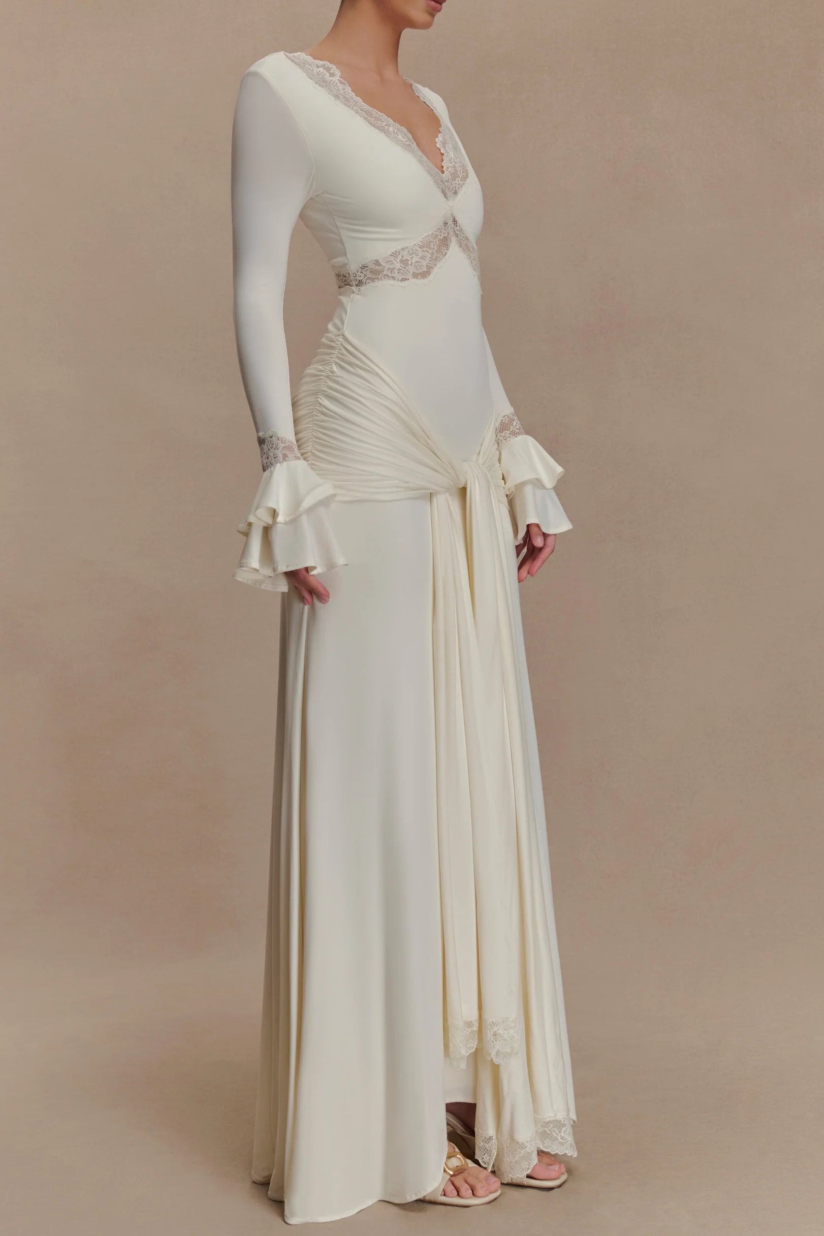 PAMELA V-NECK LACE SHEER MAXI DRESS WHITE WEDDING