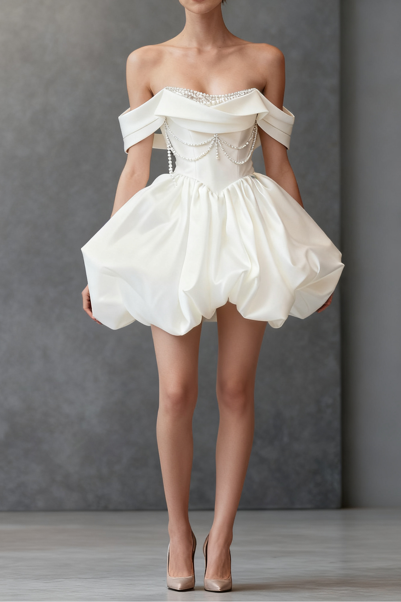 WHITE SATIN BEADED OFF-SHOULDER MINI DRESS