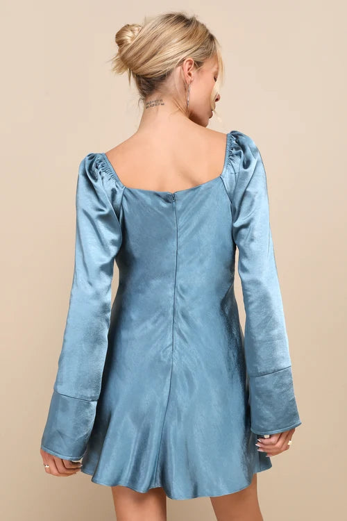 SENSUAL SATIN COWL NECK MINI DRESS IN SLATE BLUE
