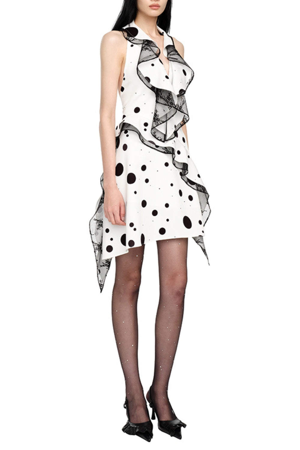 PHOENIX WHITE POLKA DOT BACKLESS RUFFLED MINI DRESS