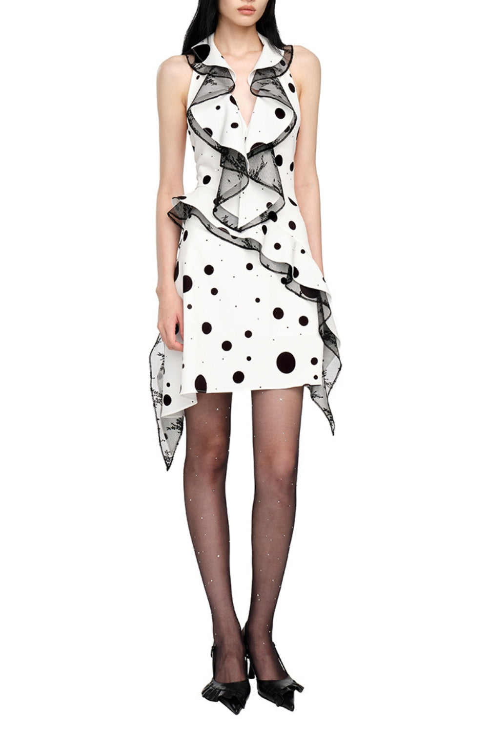 PHOENIX WHITE POLKA DOT BACKLESS RUFFLED MINI DRESS