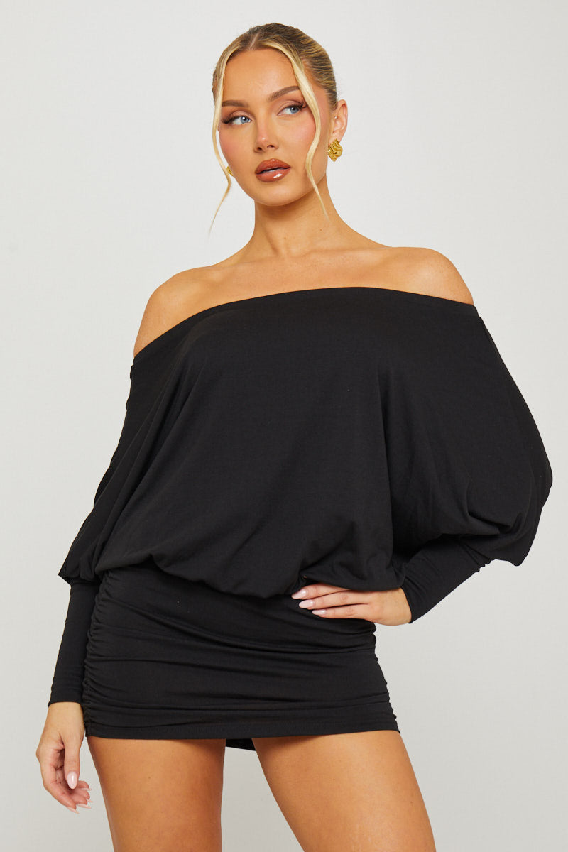 11220Black-1_57b3df68-beb7-454d-930e-b8673ec31457 BLACK OFF-SHOULDER RUCHED BATWING MINI DRESS