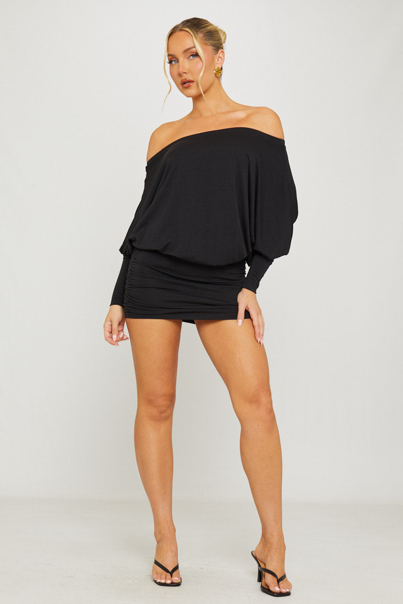 11220Black-3_4ceaebad-96a8-47b5-9614-7b9ee69adfc9 BLACK OFF-SHOULDER RUCHED BATWING MINI DRESS