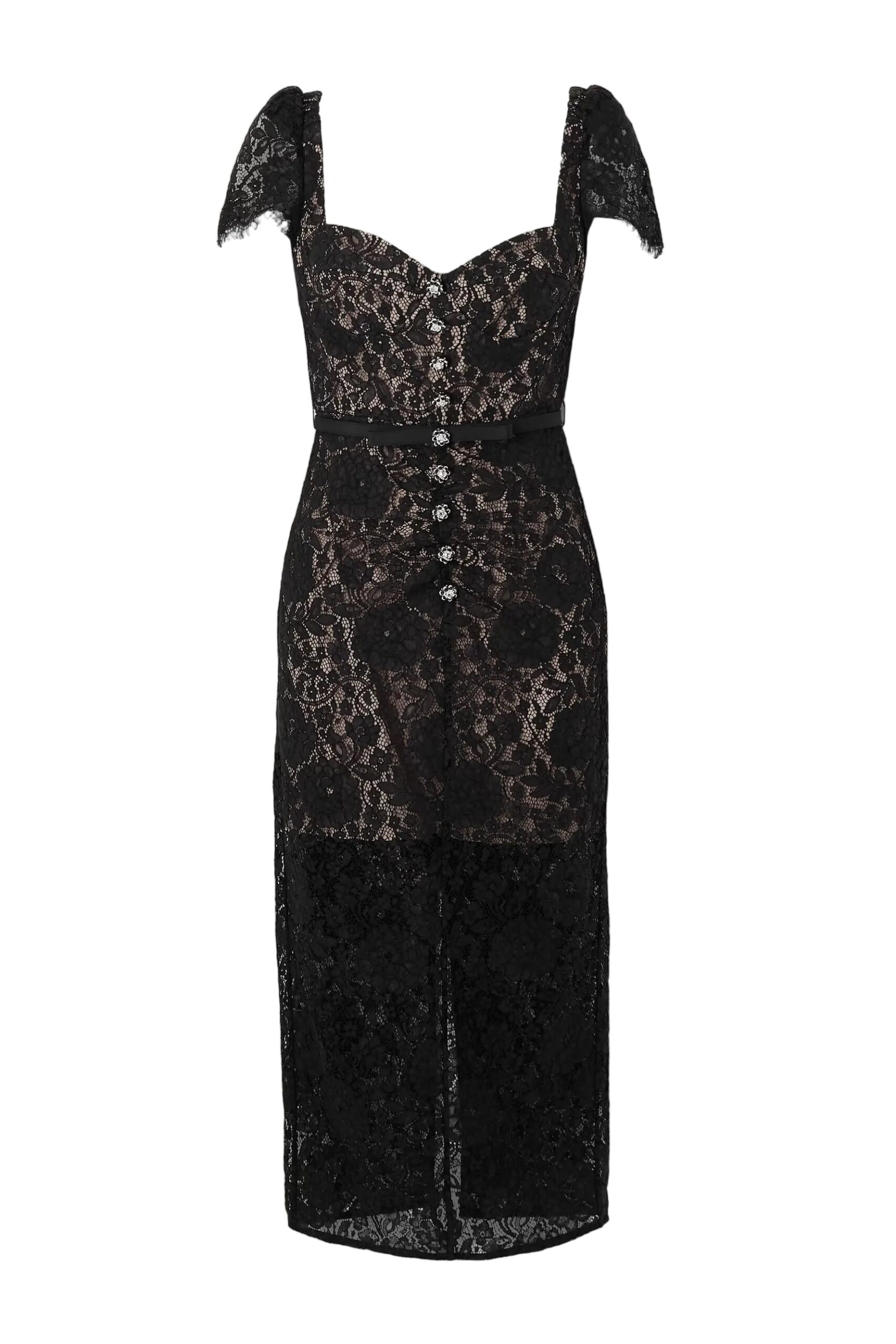 HELEN BLACK LACE MIDI DRESS, BELTED, EMBELLISHED