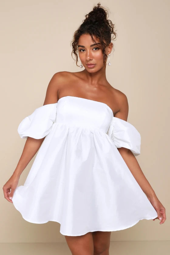 SWEET VISION WHITE OFF-SHOULDER BABYDOLL MINI DRESS