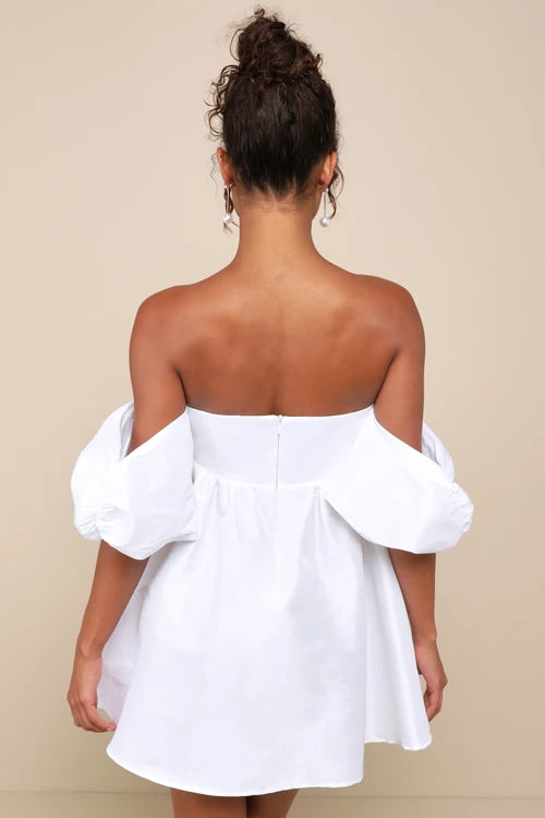 SWEET VISION WHITE OFF-SHOULDER BABYDOLL MINI DRESS