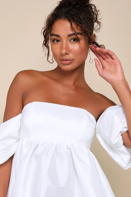 SWEET VISION WHITE OFF-SHOULDER BABYDOLL MINI DRESS