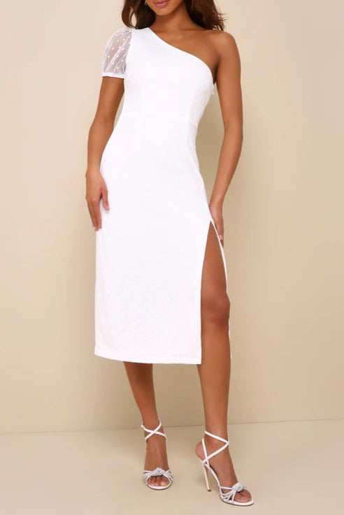 Amazing Glamour White Polka Dot Mesh One-Shoulder Midi Dress