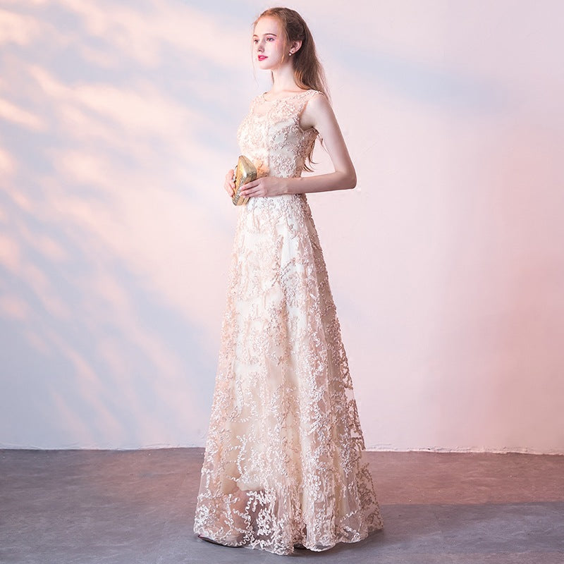QUEENA CHAMPAGNE LACE EVENING GOWN MAXI DRESS