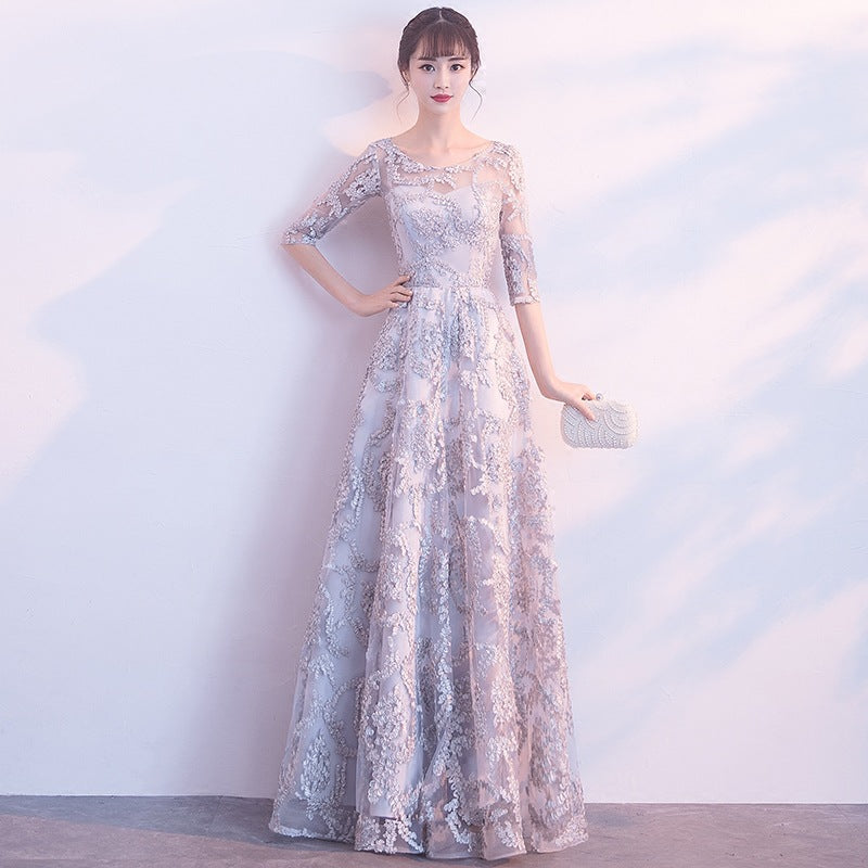 QUEENA CHAMPAGNE LACE EVENING GOWN MAXI DRESS