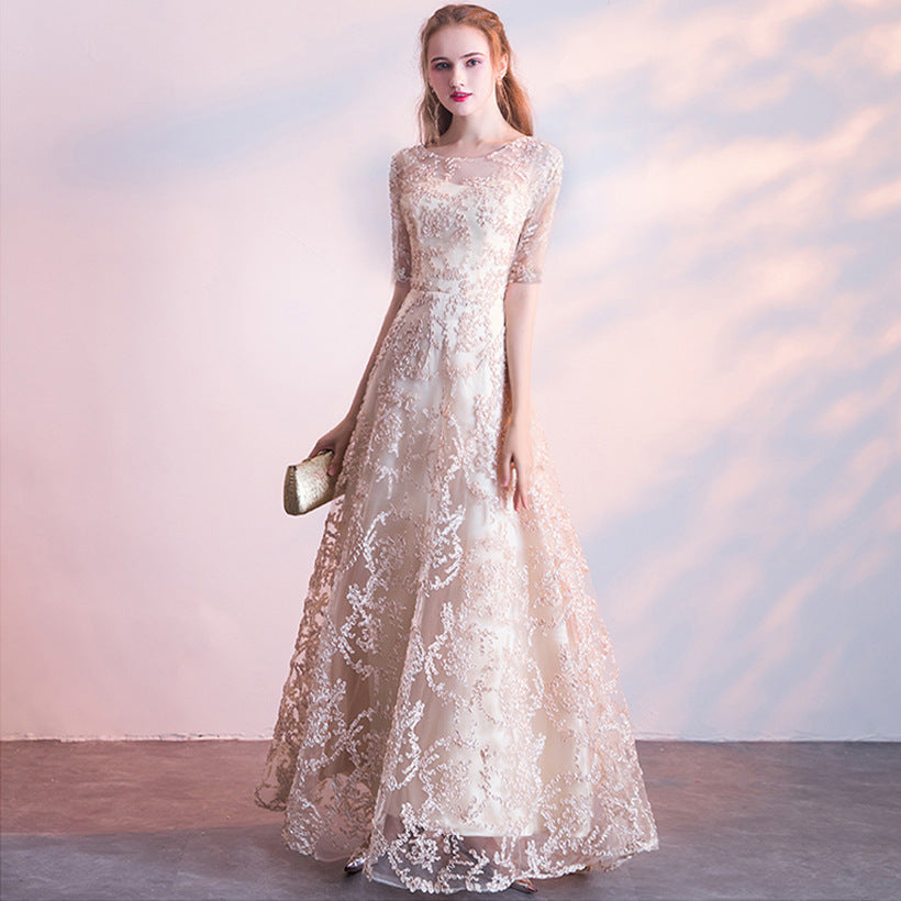 QUEENA CHAMPAGNE LACE EVENING GOWN MAXI DRESS