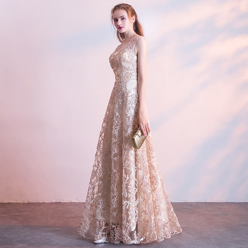 QUEENA CHAMPAGNE LACE EVENING GOWN MAXI DRESS
