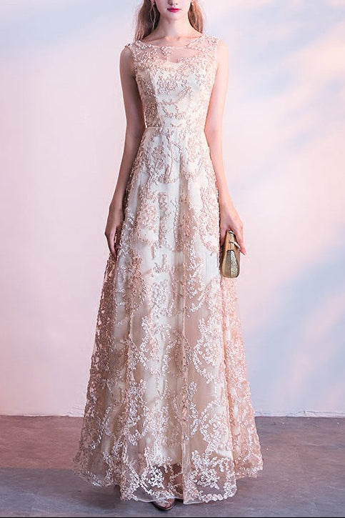 QUEENA CHAMPAGNE LACE EVENING GOWN MAXI DRESS