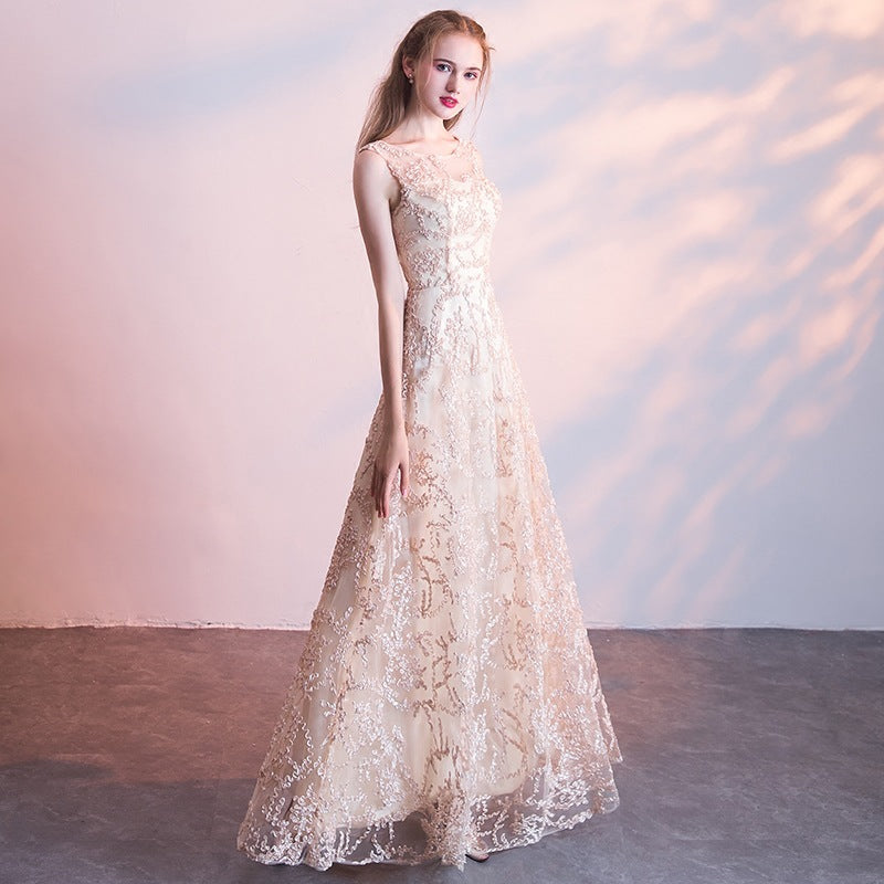 QUEENA CHAMPAGNE LACE EVENING GOWN MAXI DRESS