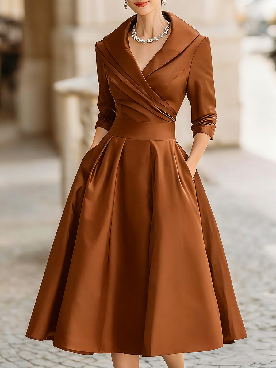 VINTAGE SATIN MIDI DRESS WITH DRAPED COLLAR