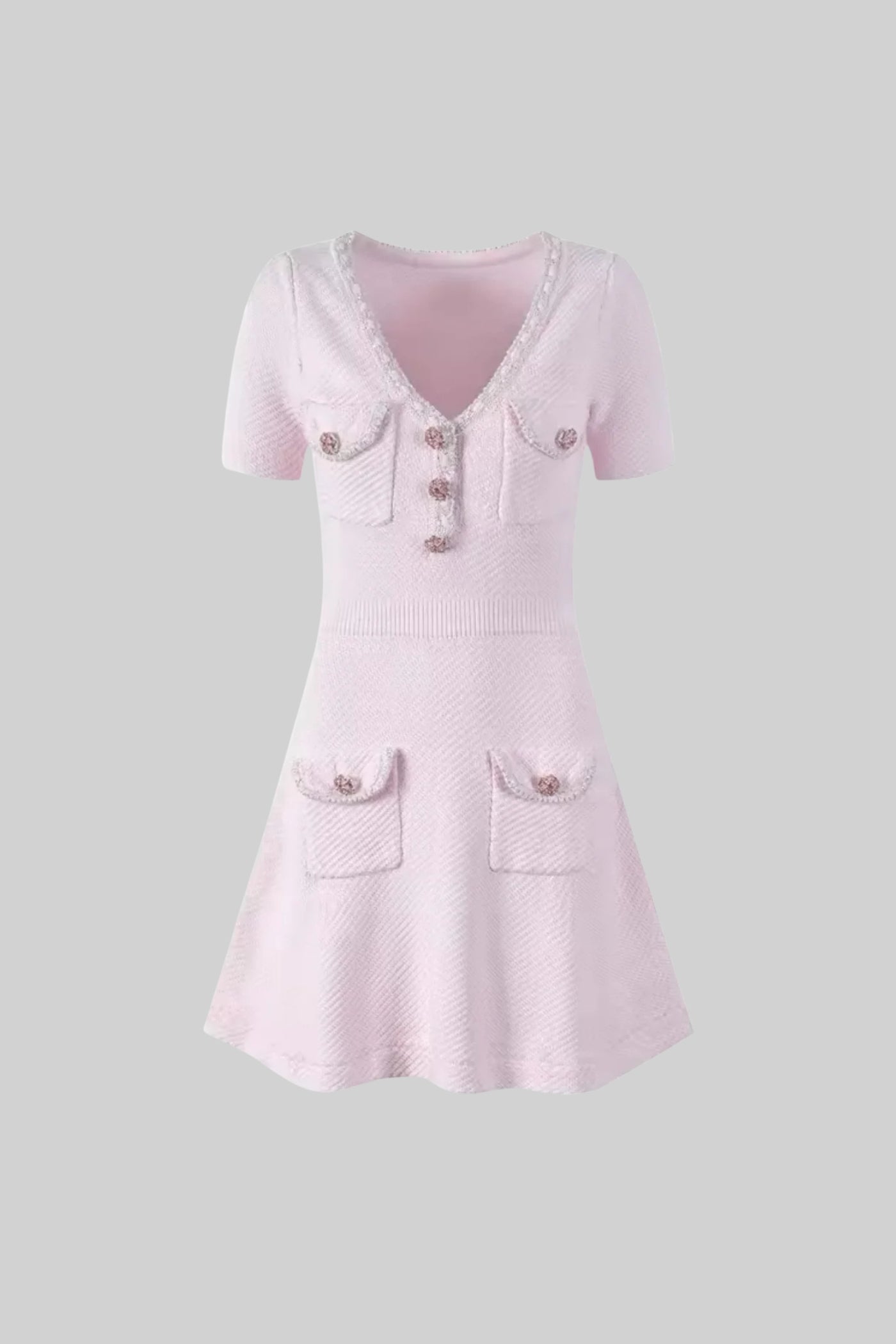 TEXTURED V-NECK MINI DRESS WITH JEWEL BUTTONS - PINK