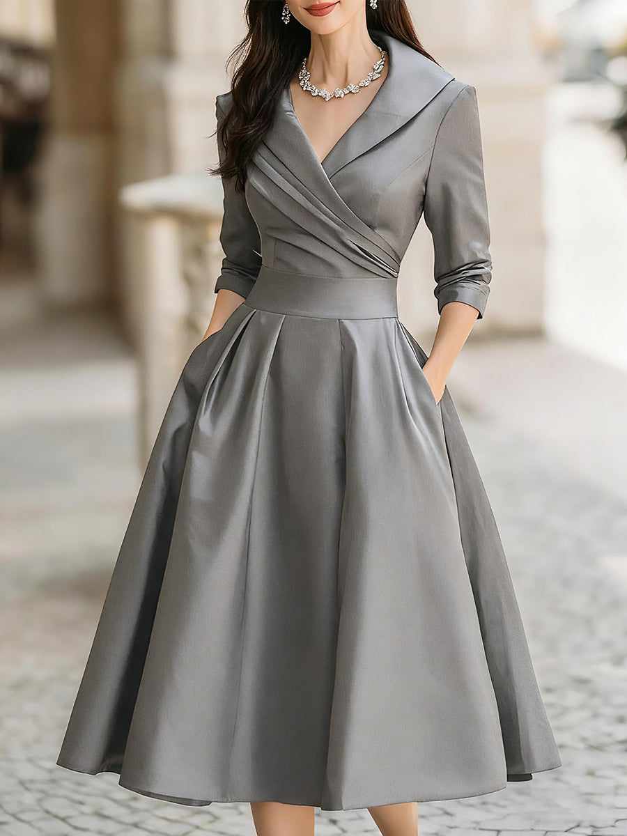 VINTAGE SATIN MIDI DRESS WITH DRAPED COLLAR