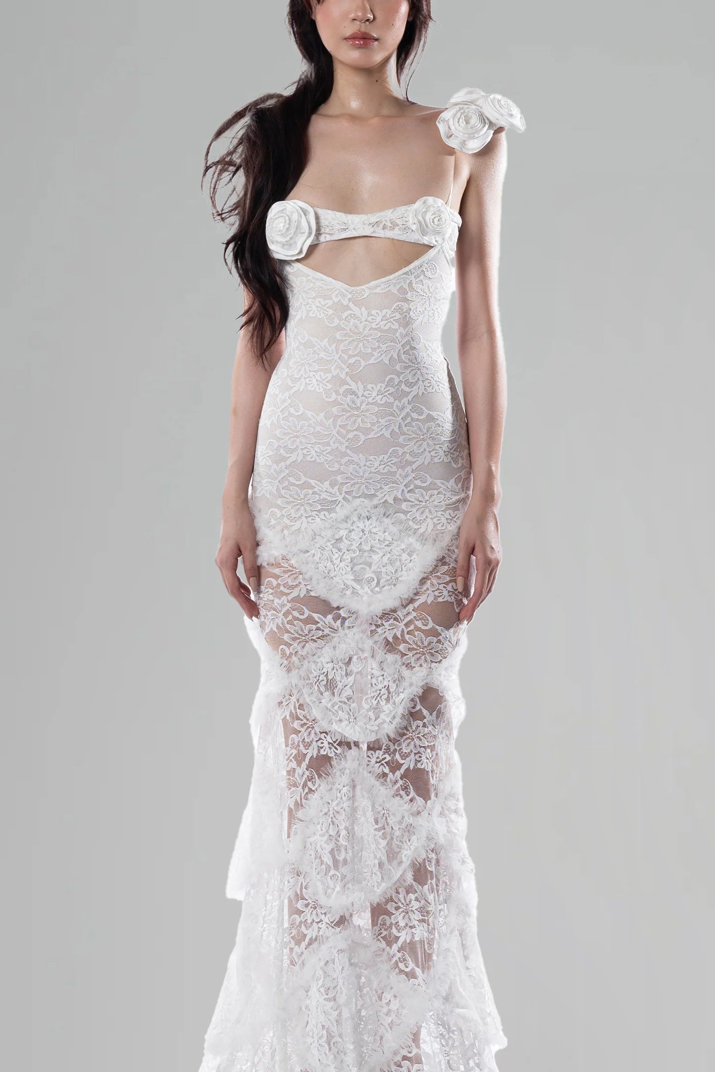 JESSIE WHITE FLORAL BODYCON FISHTAIL MAXI DRESS