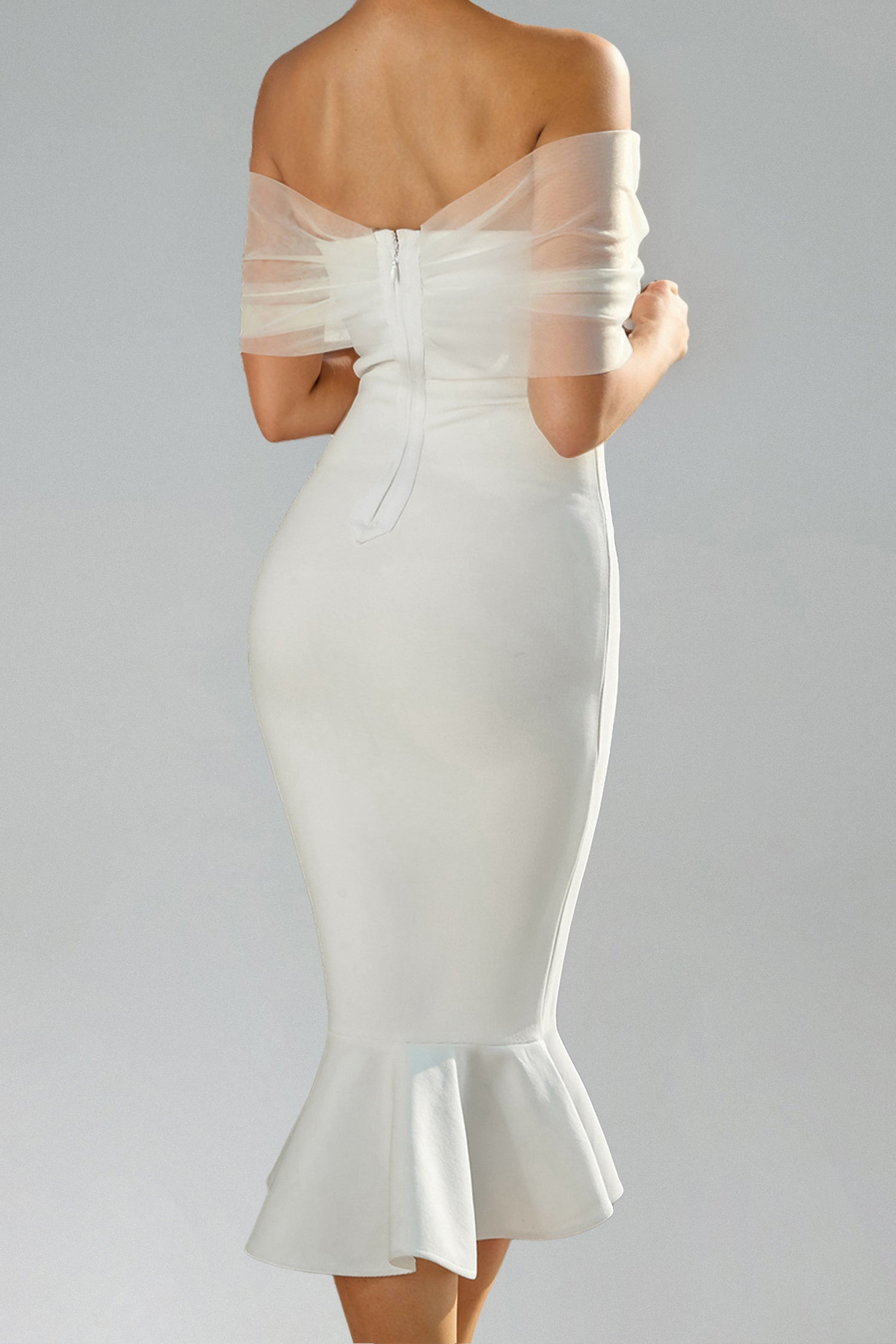 SOPHIE OFF-SHOULDER BANDAGE FISHTAIL MIDI DRESS