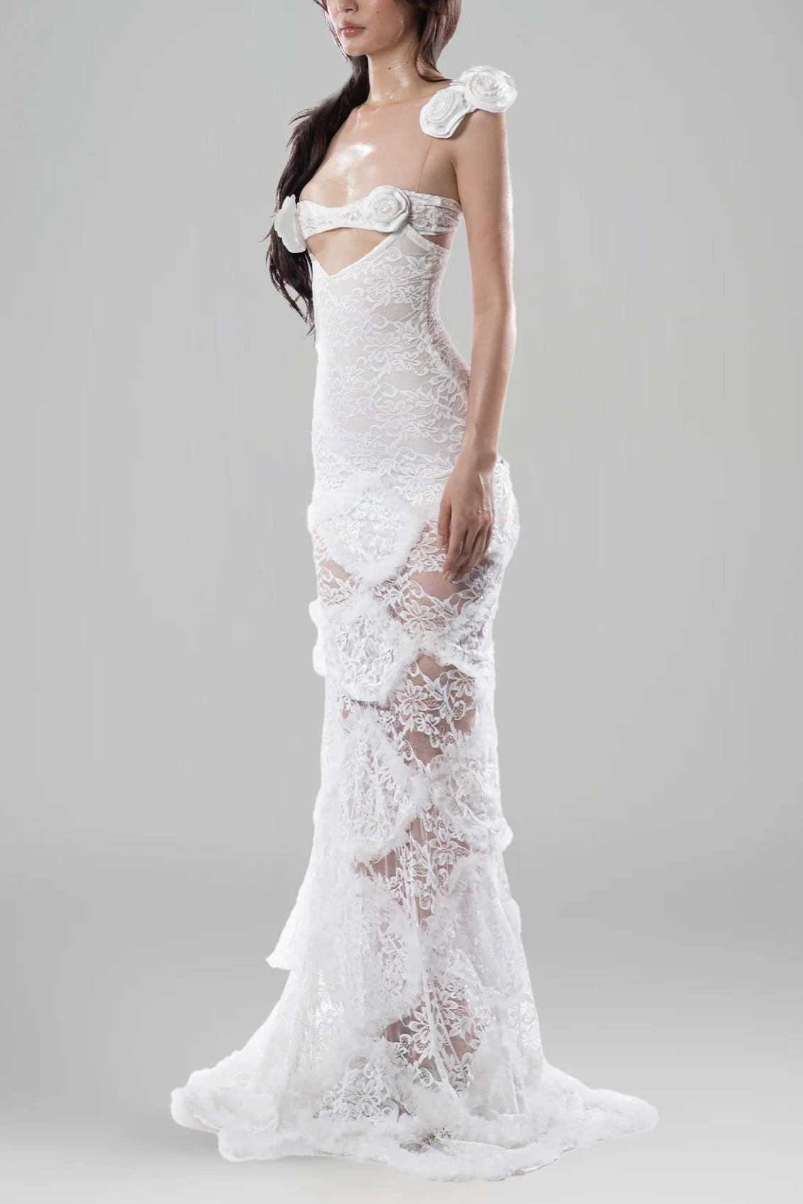 JESSIE WHITE FLORAL BODYCON FISHTAIL MAXI DRESS