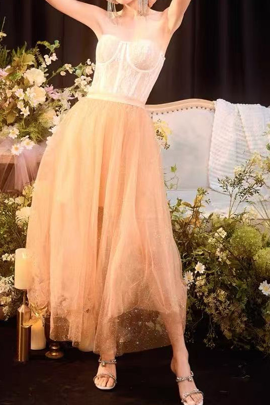 PEACH SPARKLE TULLE CORSET STRAPLESS MIDI DRESS