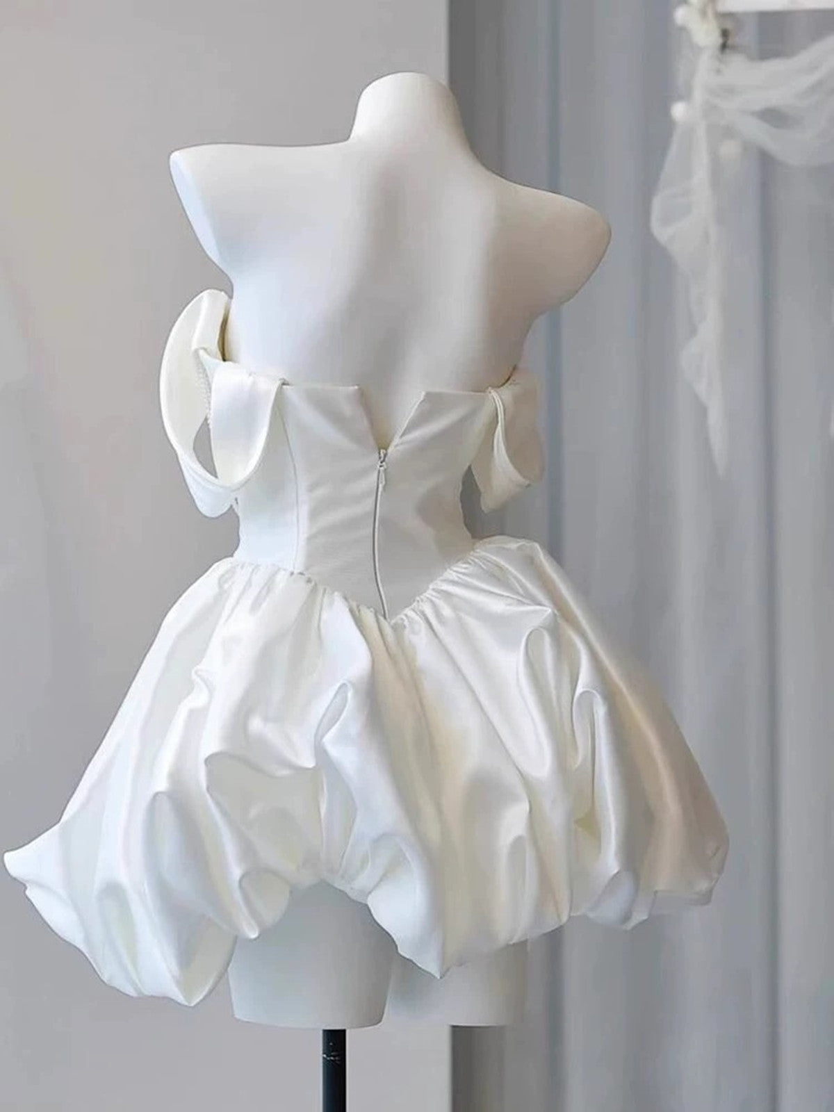 WHITE SATIN BEADED OFF-SHOULDER MINI DRESS